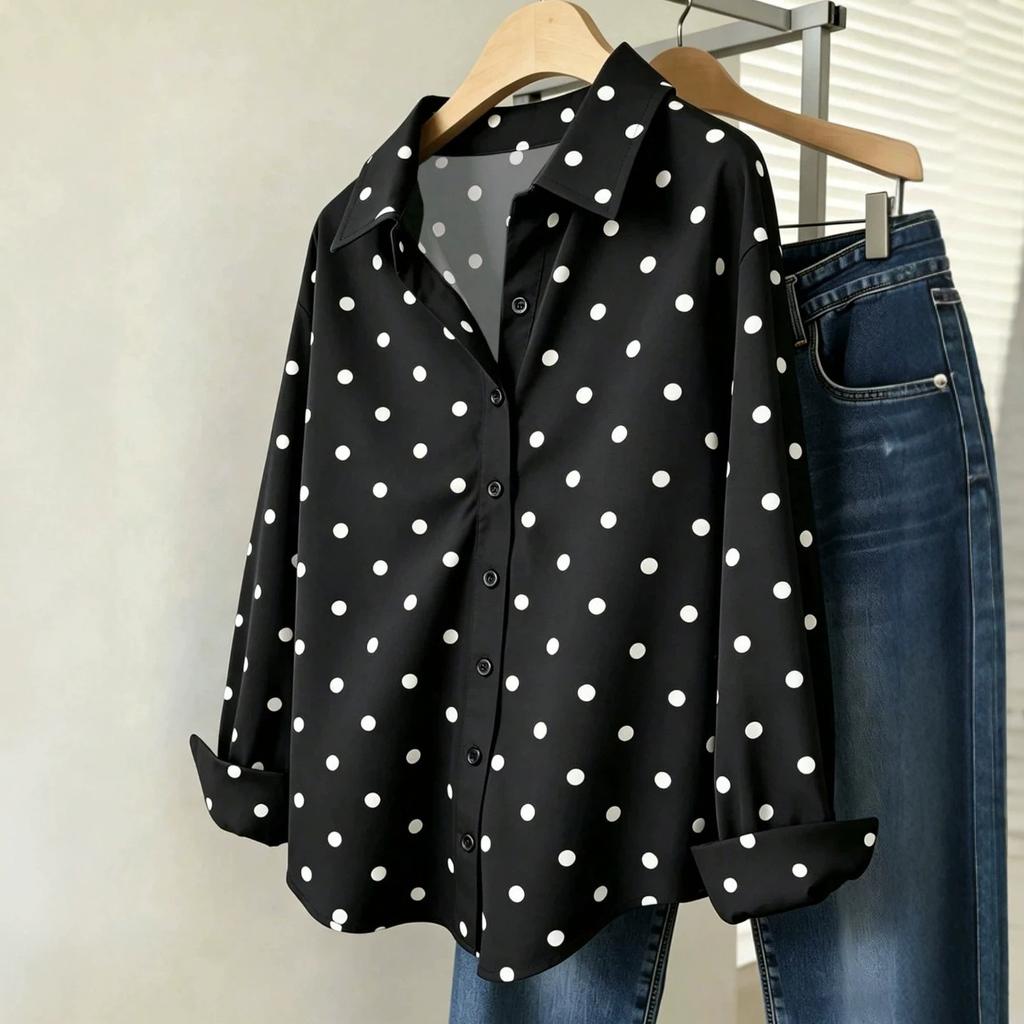 European and American New Polka Dot Fashion Temperament Long-sleeved Shirt, Lapel Retro Loose Casual Commuter Top