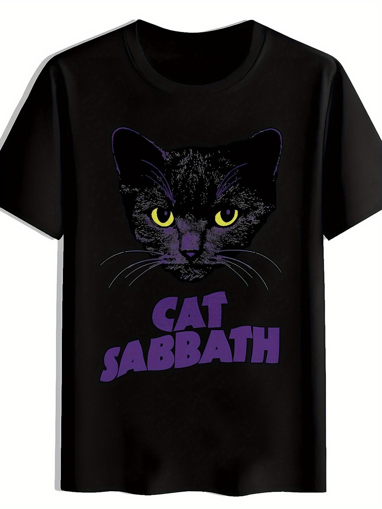T-shirt Black Cat with Yellow Eyes & CAT SABBATH Graphic - Summer Casual Short Sleeve Round Neck Tee XXXXL