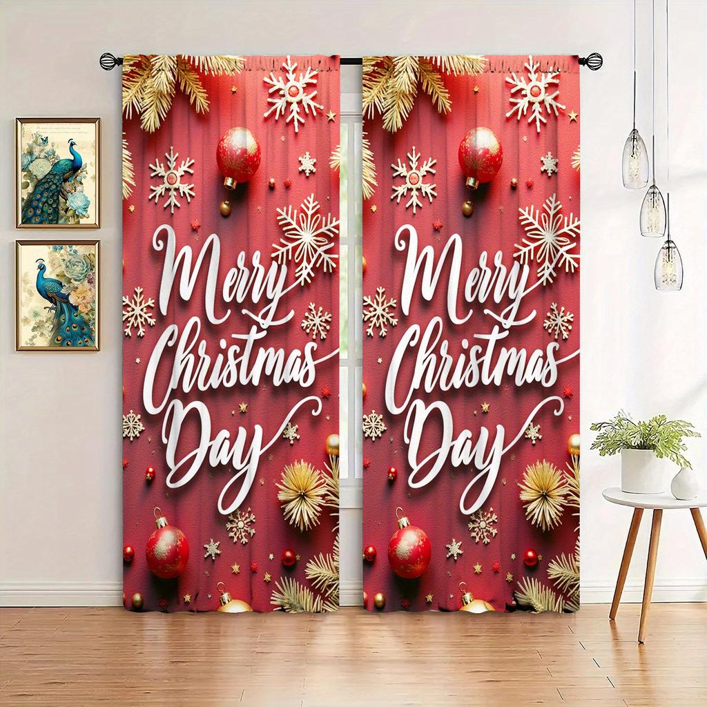 2 Panel Christmas Golden Bell 3D Digital Printed Curtain Classic Style Polyester Curtain, Bedroom Living Room Floor Curtain