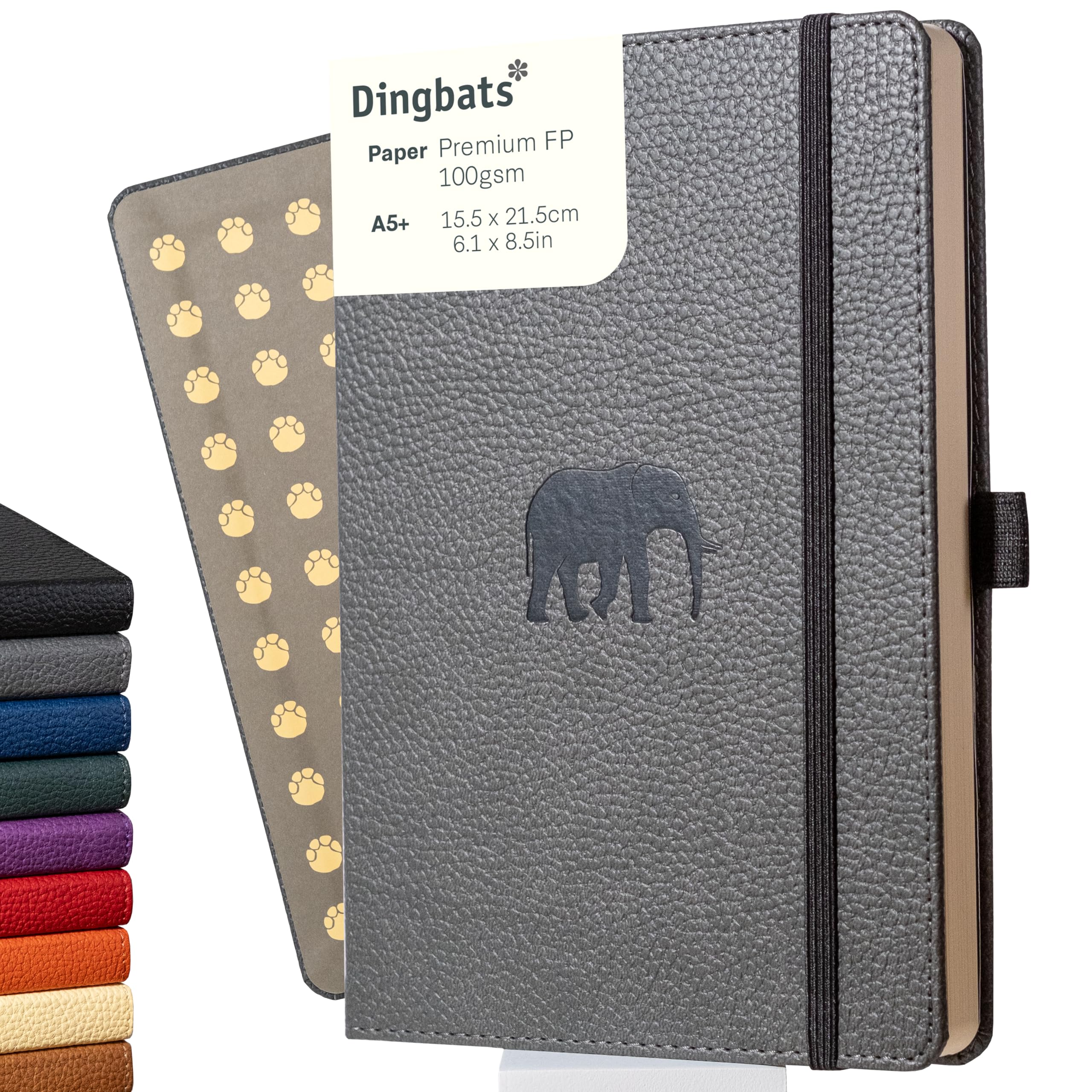 

Dingbats Wild Animal Dotted Lined Medium Gray A5 Hardcover Notebook PU Leather Cream 100gsm Paper - Notebook, Elephant, - - - Perforated,