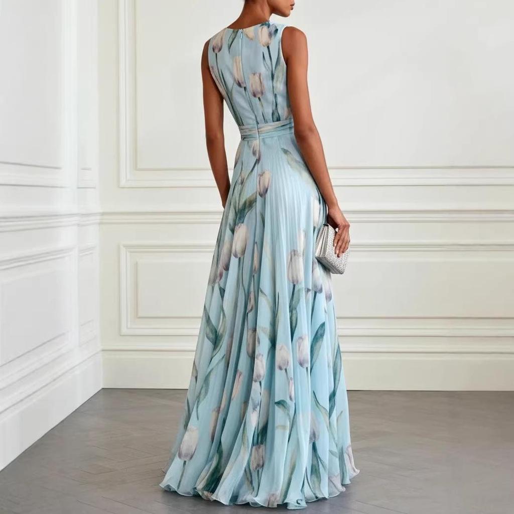 2026 Tulip Print Sleeveless V-Neck Long Evening Dress for Women