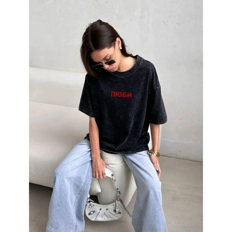 New Fashion T-shirt Fashion New Arrival Fashion Loose Washed-out Distressed Print Letters Cotton T-shirt Top
