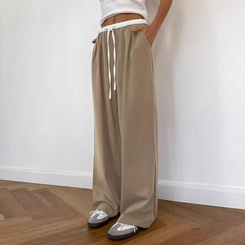Western Style New Contrast Color Trousers Drawstring High Waist Straight Casual Pants Drawstring Casual Pants