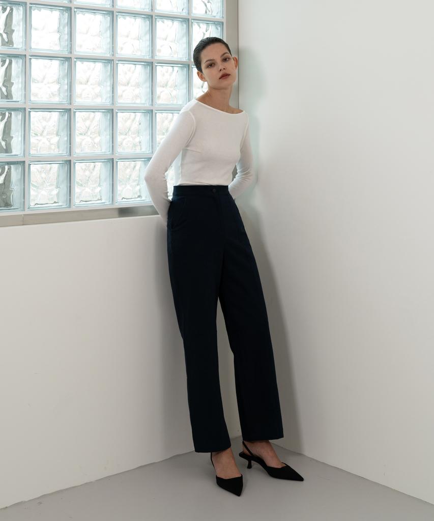 LETTRE DE LE TOILE Stitch Detail Wide-Leg Pants (Navy)