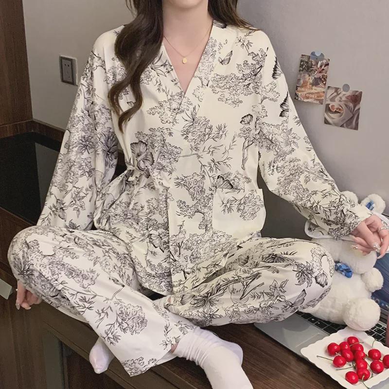 Women's Kimono Pajamas: Spring/Autumn Japanese Style V-Neck Cardigan with Long Sleeves & Trousers, Cute and Sweet for Home Wear