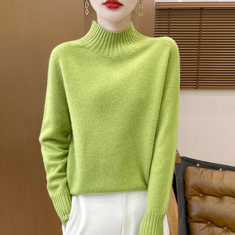 Women's 100% Pure Wool Half-High Neck Long-Sleeve Pullover Sweater - Thickened Base Layer for Autumn and Winter