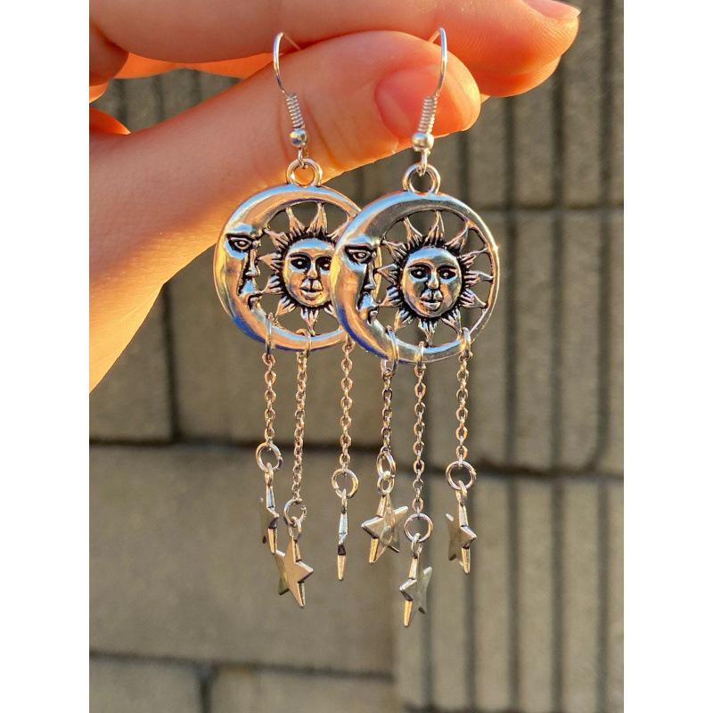 Celestial Sun, Moon, and Stars Tibetan Silver Earrings - Wicca Pagan Gift