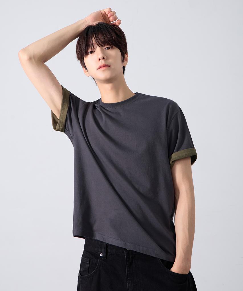 ALVINCLO Plain Color Block Roll-Up Short Sleeve Tee Ast3682 (4 Colors)
