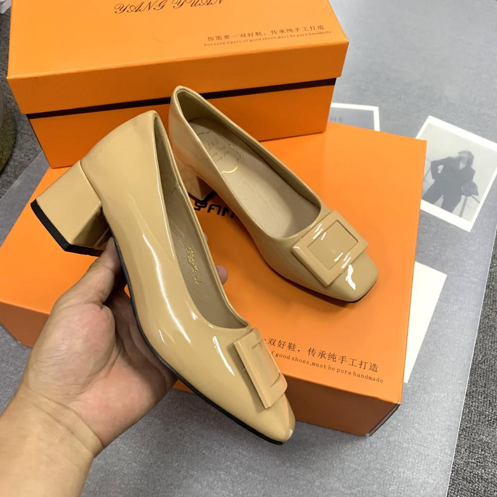 Spot second hair! Grape mother same shoes classic square buckle commuting thick heel square head elegant temperament high heel single shoes spring