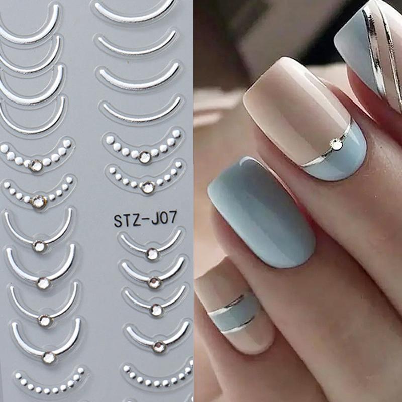 French Tips Nail Sticker 5D Embossed Crystal French Nail Decals Gold Silver Black Line Design Adhesive Slider Nails Art