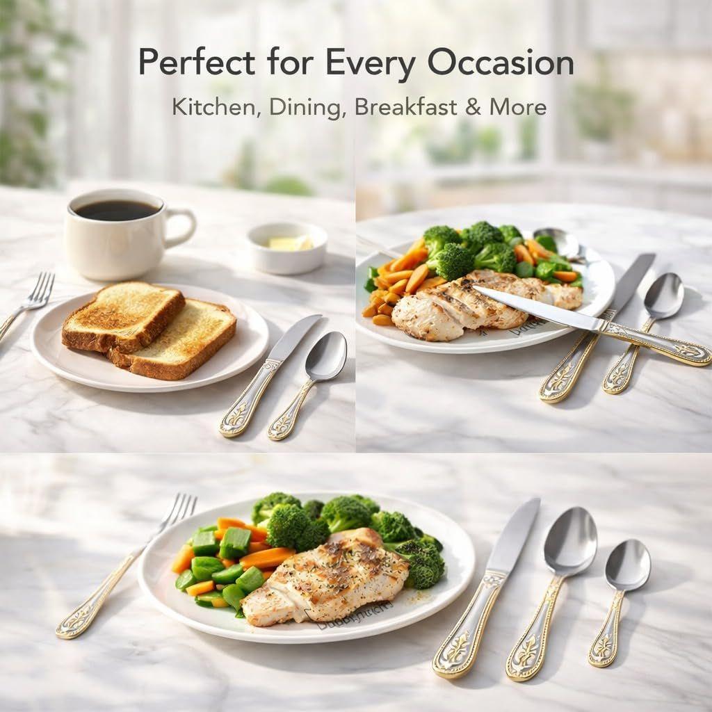 Stainless Steel Flatware Set Copper Silverware Set Rose Gold Spoon Color Cutlery Set of (Silver Gold, 8)