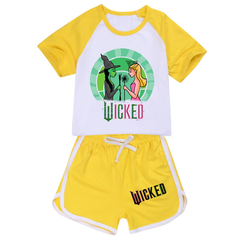 

Детский комплект спортивной одежды для девочек с принтом ведьмы, футболка с короткими рукавами, шорты, брюки 170cm жёлтый