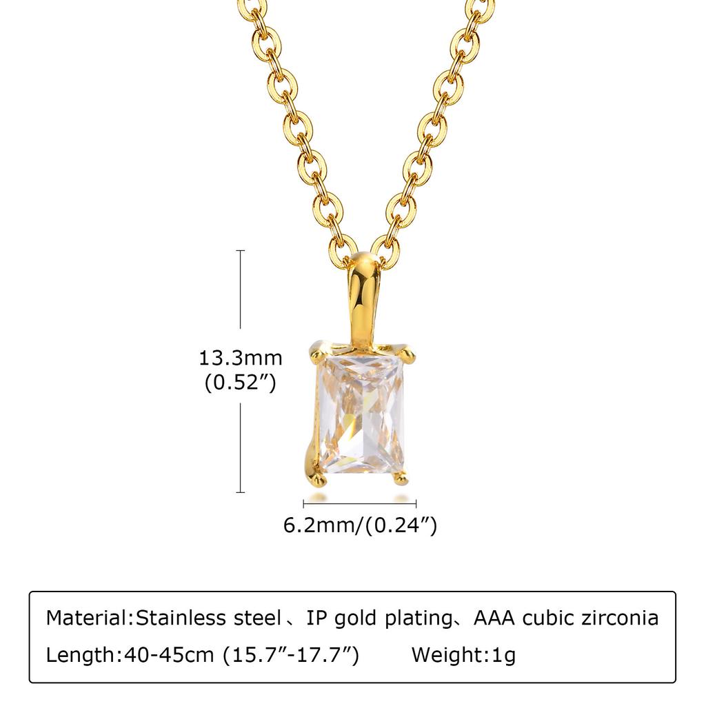 Chic Rectangular Shape CZ Stone Pendant For Women, Trendy Stainless Steel 4 Colors Cubic Zirconia Pendant Charm Chains Necklace