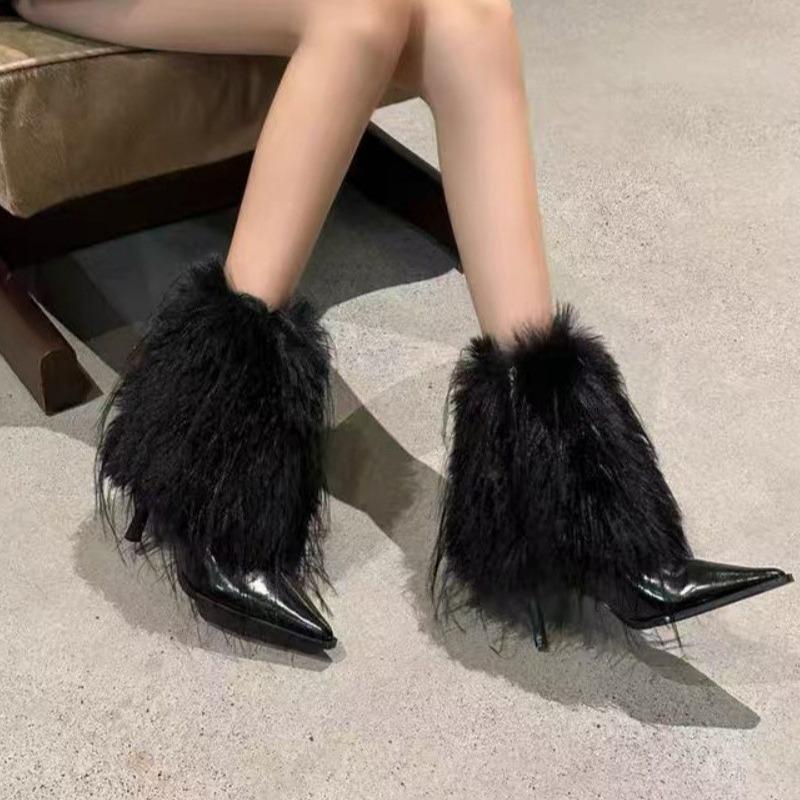 

Модные женские туфли на высоком каблуке, пушистые короткие ботинки, модные новинки 2025 года, туфли с острым носком, дизайнерские элегантные ботильоны челси, зимние zapatillas 40 чёрный