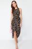 Women's Style Dress Black Floral Tie Detailed A-line Midi Woven Dress
