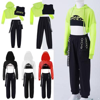 Conjunto de roupas de dança de rua para meninas, conjunto com capuz recortado, regata, calças, 3 peças, roupas esportivas