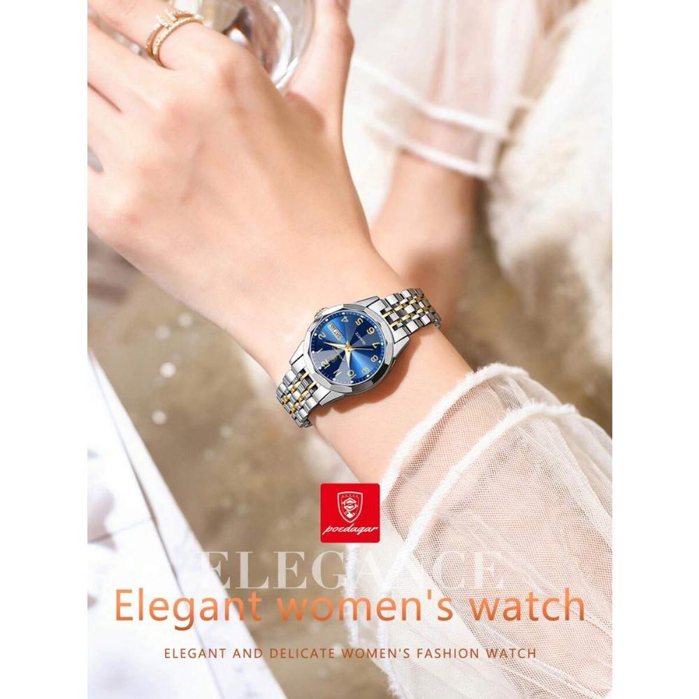 POEDAGAR Montre-bracelet étanche lumineuse à date en acier inoxydable pour femme, Montres tendance pour dames, Cadeaux pour femmes