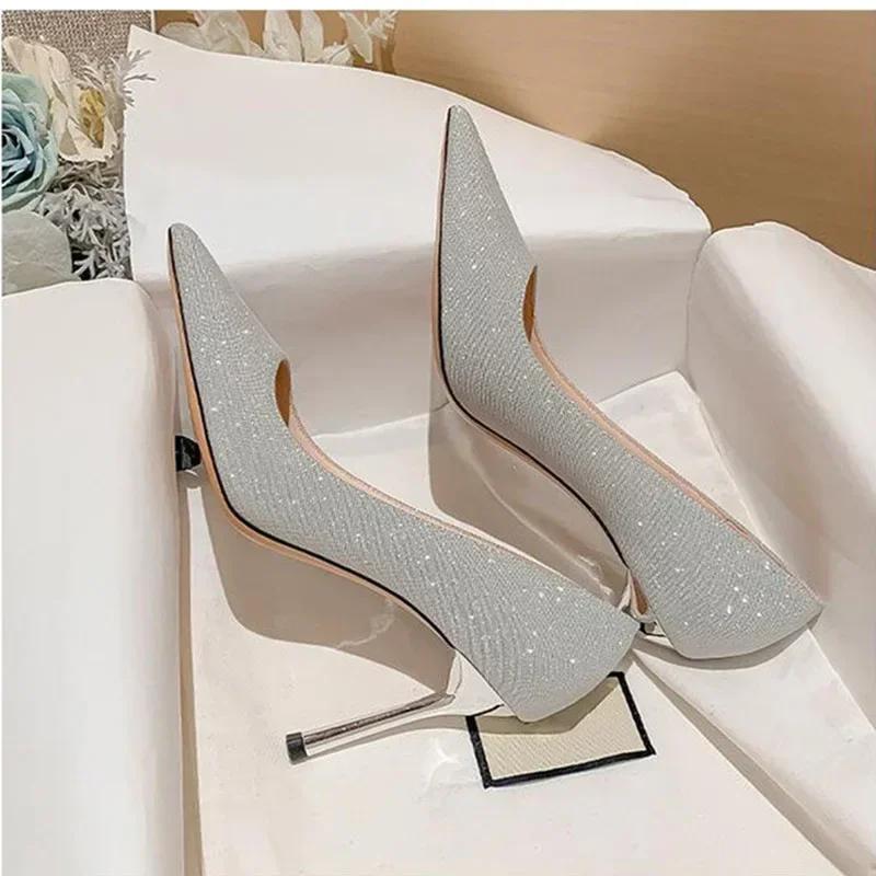 Women Silver Bling High Heel Pumps Women  New Fashion Slip-On Party Shoes Ladies Pointed Toe Shallow Thin Heel Wedding Shoes