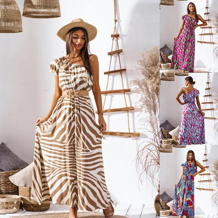 Amazon Europe and the United States summer new waist off the shoulder printing long casual dress women