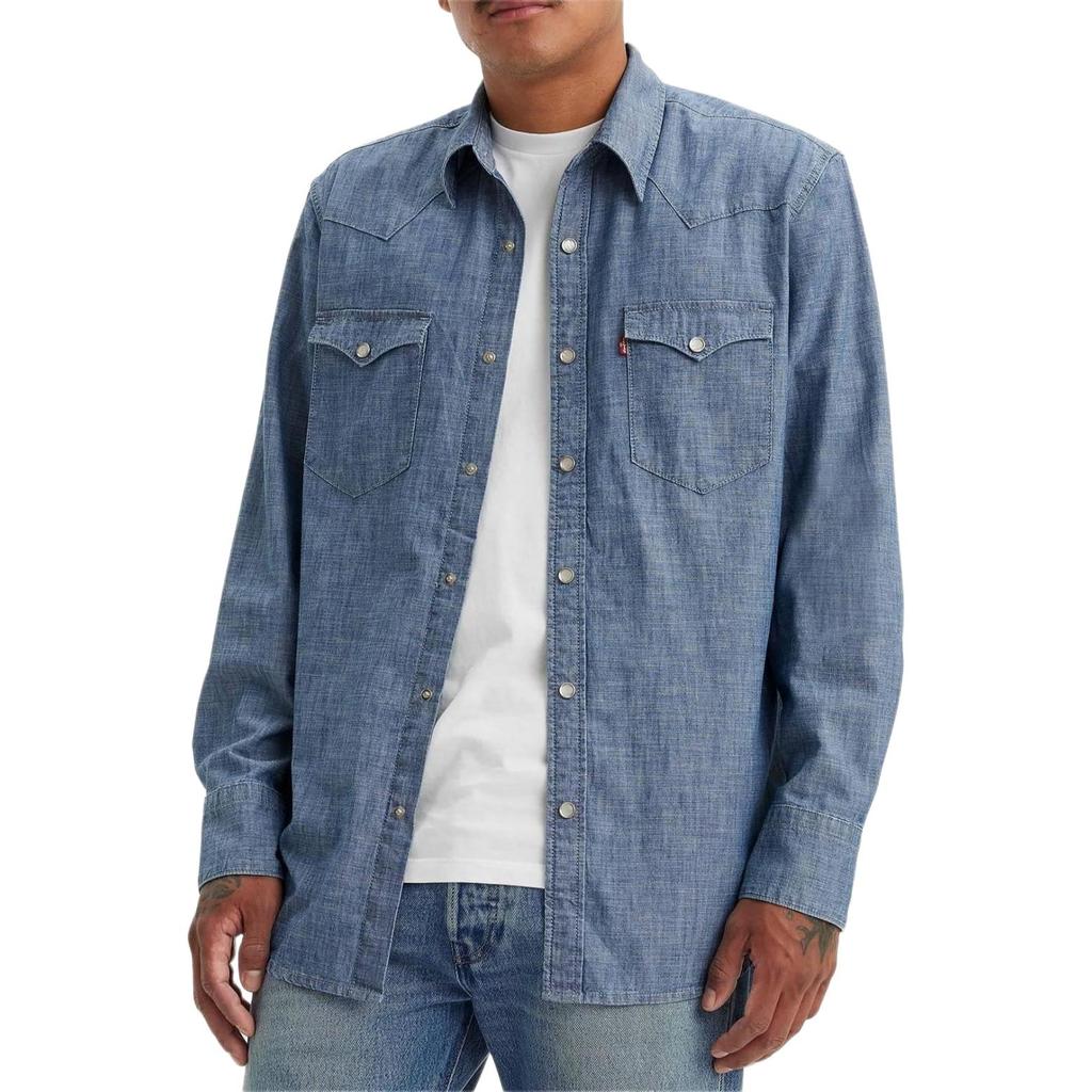 Levis Barstow Standard Fit Lightweight Western Shirt Solid Point Collar Button Denim Long Sleeve Shirt Men Shirts Blue 85744-0067
