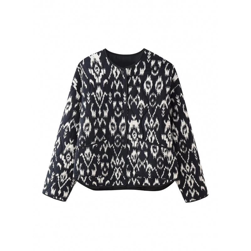 Ethnic Style Retro Print Cotton Jacket with Pockets - Autumn/Winter Long Sleeve Coat Small