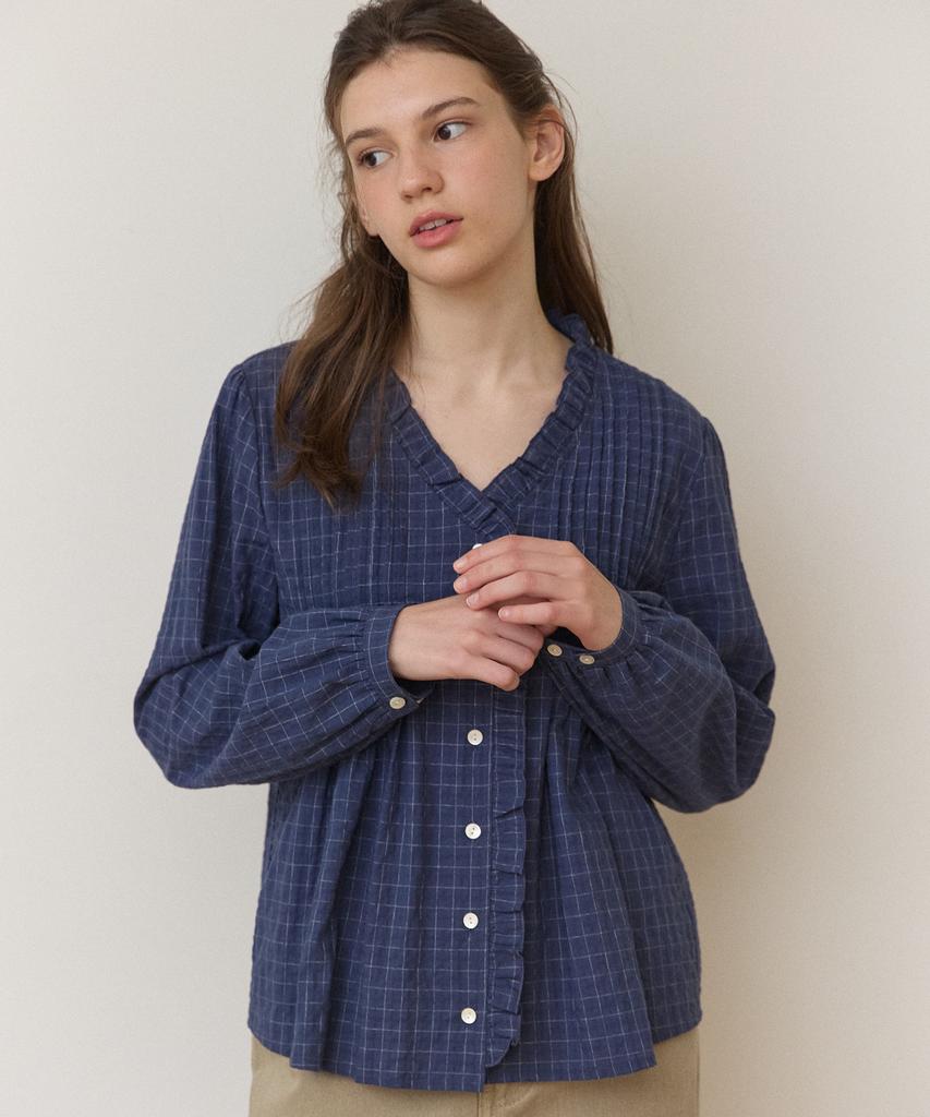 OURHOPE Poem Ruffle Pintuck Check Blouse - Navy