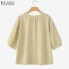 ZANZEA Blusa Casual de Mujer de Cuello Redondo Suelta de Manga 3/4 Lisa