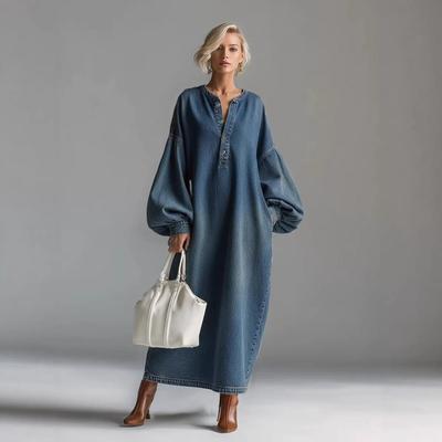 Damen Deep Blue Lockere Passform V-Ausschnitt Knopfleiste Vorne Ballonärmel Denim Maxikleid