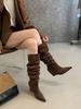 2025 Autumn and Winter New Big Tube Circumference Pointed Toe Over the Knee Boots Slope Heel High Boots Slope Heel Boots Stacking Boots