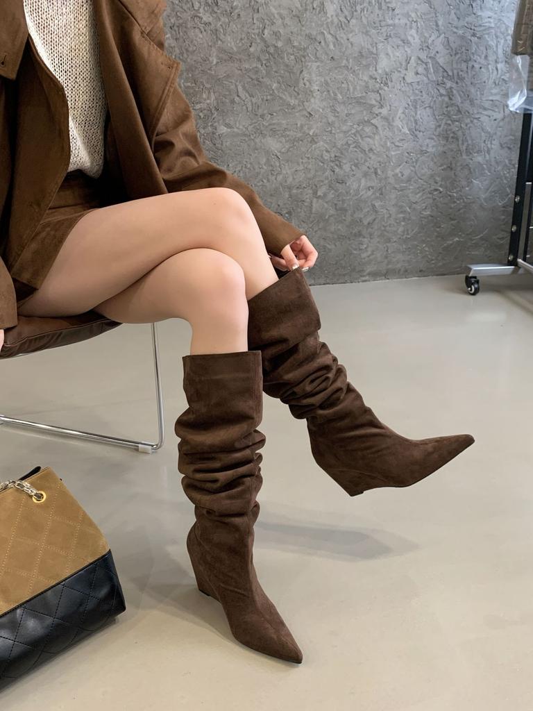 2025 Autumn and Winter New Big Tube Circumference Pointed Toe Over the Knee Boots Slope Heel High Boots Slope Heel Boots Stacking Boots
