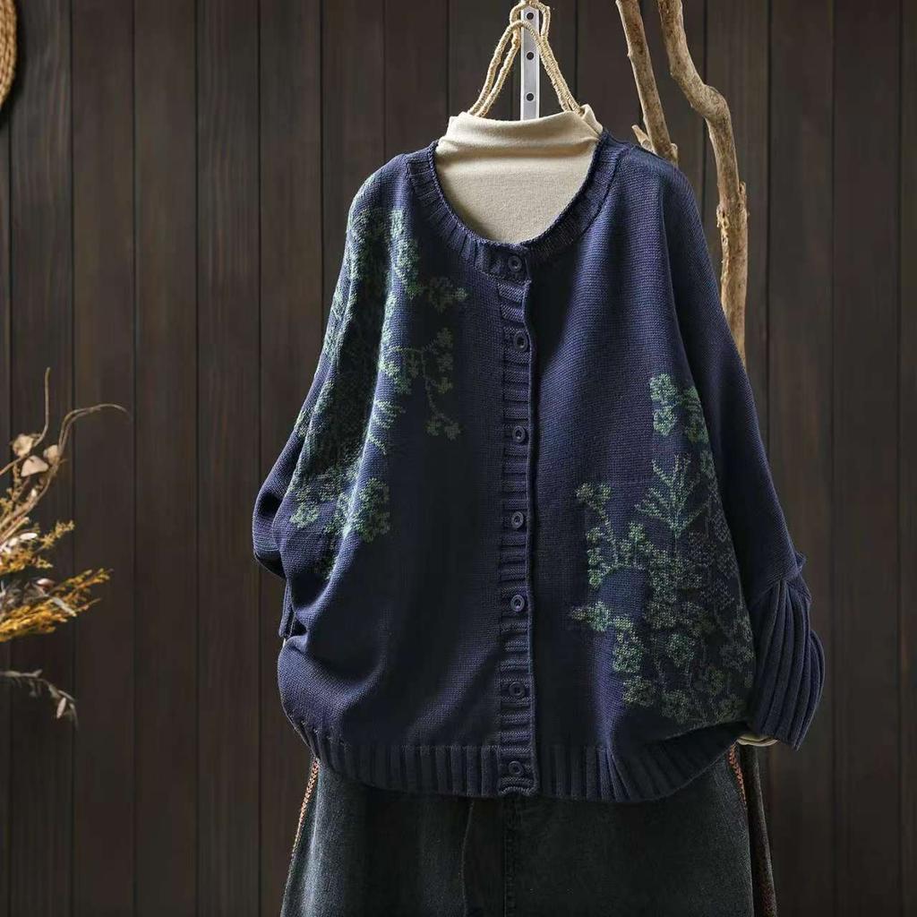 Johnature Vintage-Strickpullover für Damen mit Blumenmuster, Knöpfen, Rundhalsausschnitt und langen Ärmeln, Herbst-Freizeitpullover für Damen