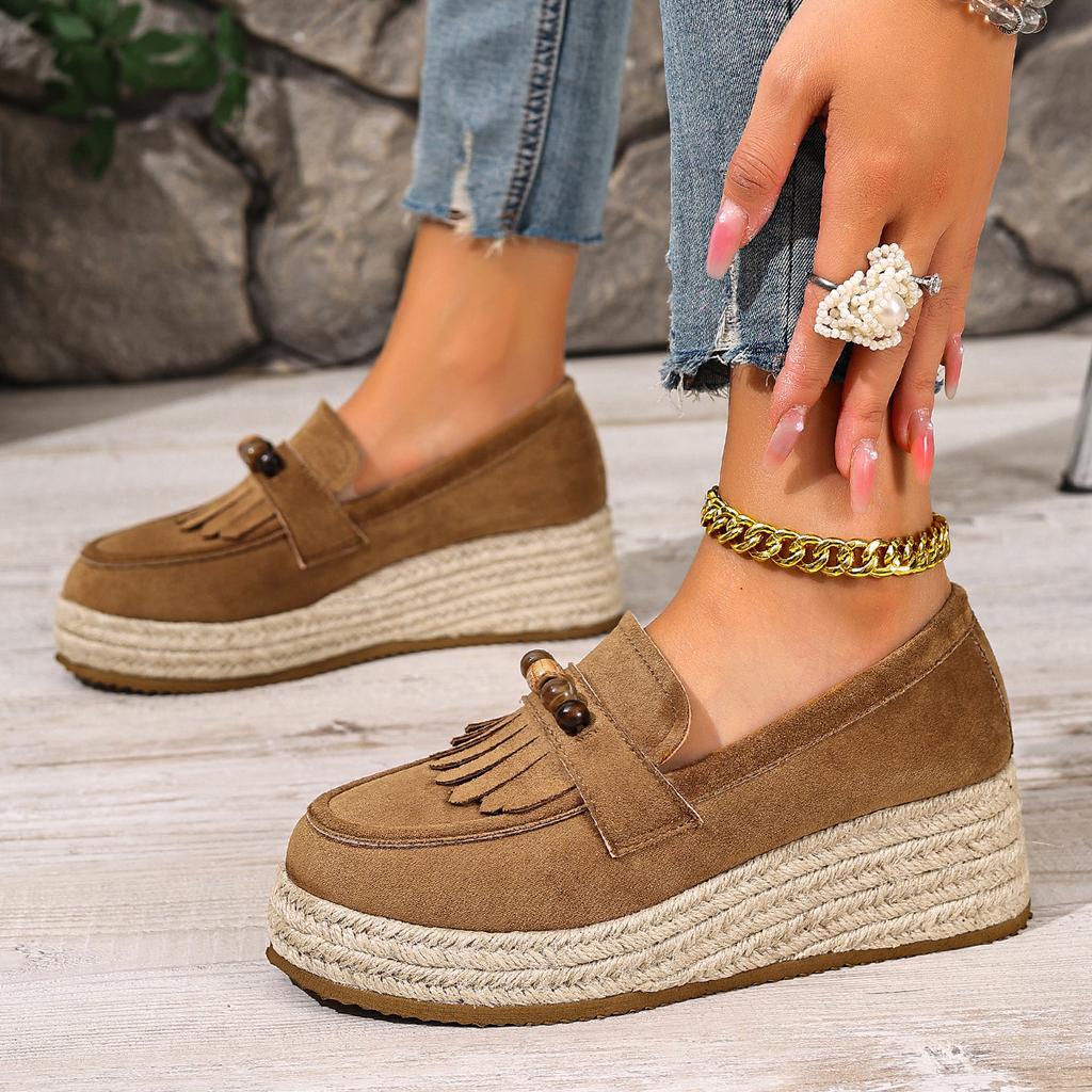 Scarpe Loafer Donna Autunno Decorazione con Perline Colorate Stile Bohemia Comfort Zeppa in Canapa Scarpe con Tasselli Moda Scamosciate Slip-On
