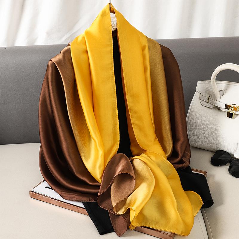 Luxury Gradient Silk Scarf Women Brand Solid Femme Shawls Wraps Bandana Head Foulard Fashion Lady Hijab Wedding Poncho