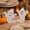 Rustic Wood Ghost Ornament Cute Halloween Wooden Table Sign, Spooky White Standing Shaped Tray Decoration Block Sign for Holiday Tiered Centerpiece,