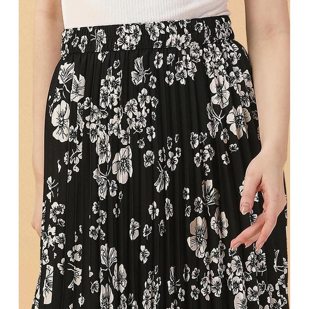 White Floral Printed Polyester Casual Skirt Women Pleated Flared Midi Skirt