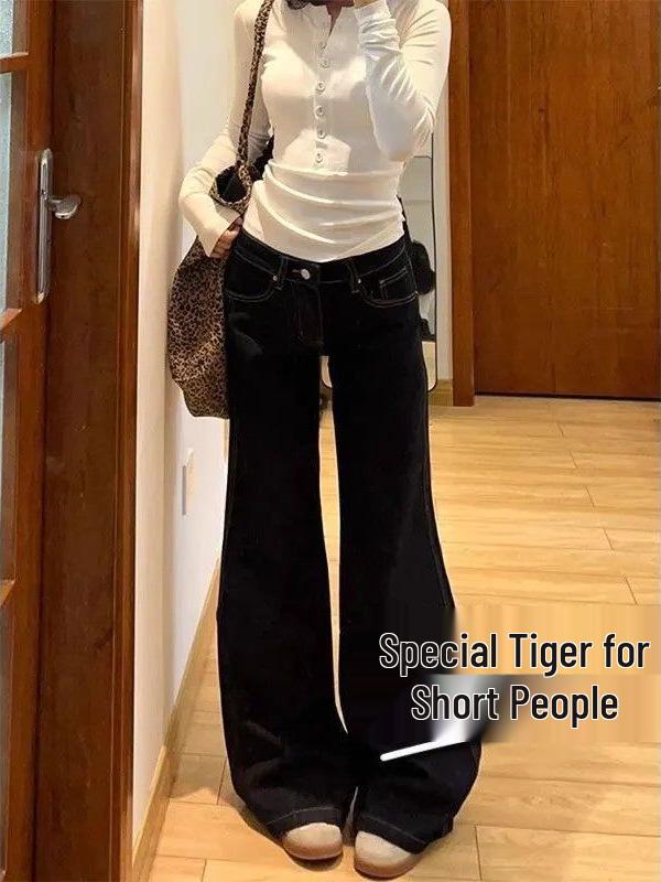 Women's Retro Low-Waist Deep Gray Blue Bell Bottom Jeans - Autumn/Winter Casual Slimming Narrow Leg Design