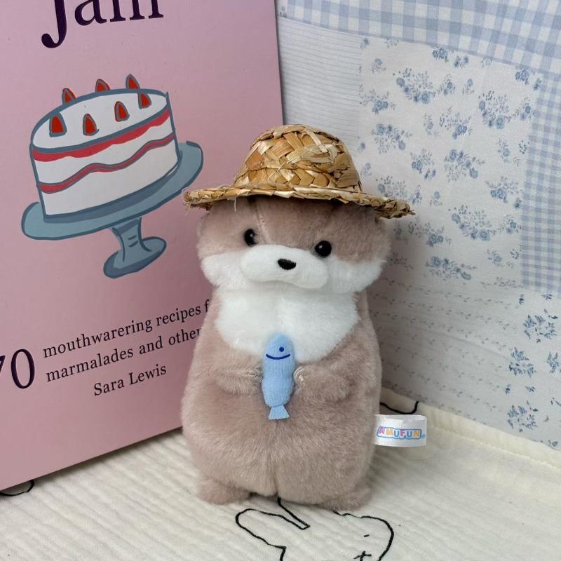 Japanese 10CM Kawaii Sea Otter Plush Toy Keychain Cute Stuffed Animals Little Otter Doll Fish Hugging Sea Otter Straw Hat TOY