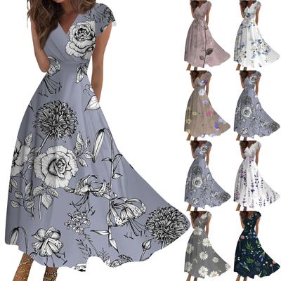 Women's Long Casual Dress Summer Short-Sleeve V-Neck Waist Retraction Printed Dress
