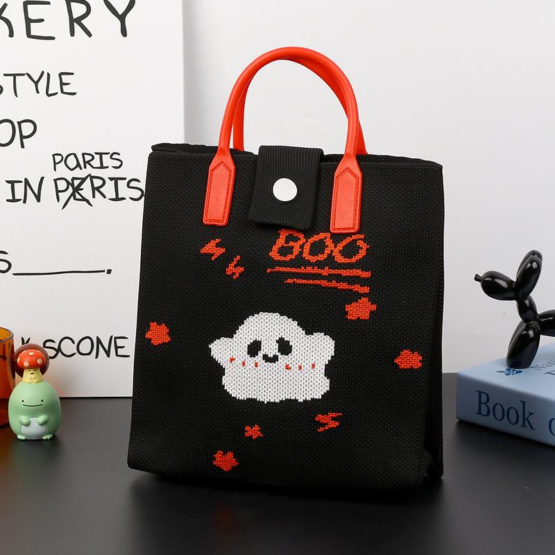 Halloween Themed Knitted Handbag Cartoon Ghost Pumpkin Print Shoulder Crossbody Bag Women Casual Phone Pouch Halloween Gift Bag
