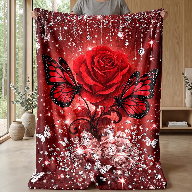 Red Butterfly and Rose Theme blanket Lightweight Warm Flannel Blanket Decorative Throw Blanket for Home Decoration