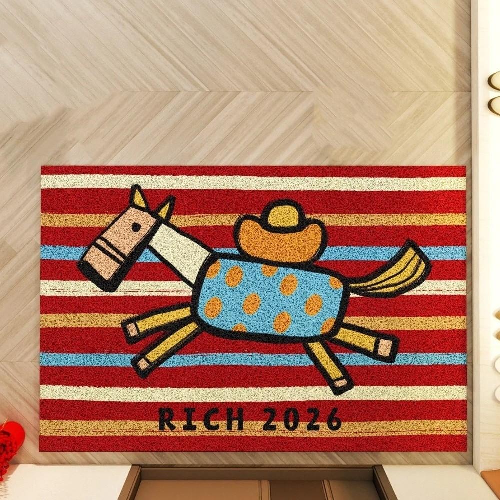 Cute Anti-slip Chinese New Year Doormat Stain Proof Cartoon Horse Pattern Carpet Wear-Resistant Red Entrance Mat Home Decor