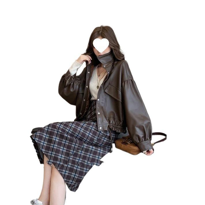 Women's Fashionable Loose Leather Motorcycle Jacket with Shirt Collar and Drawstring - Korean Style