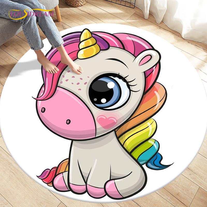 Children's Cartoon Cute Unicorn Animals Area Rug Round Carpets Rugs for Living Room,Kids Play Crawling Soft Non-slip Floor Mats