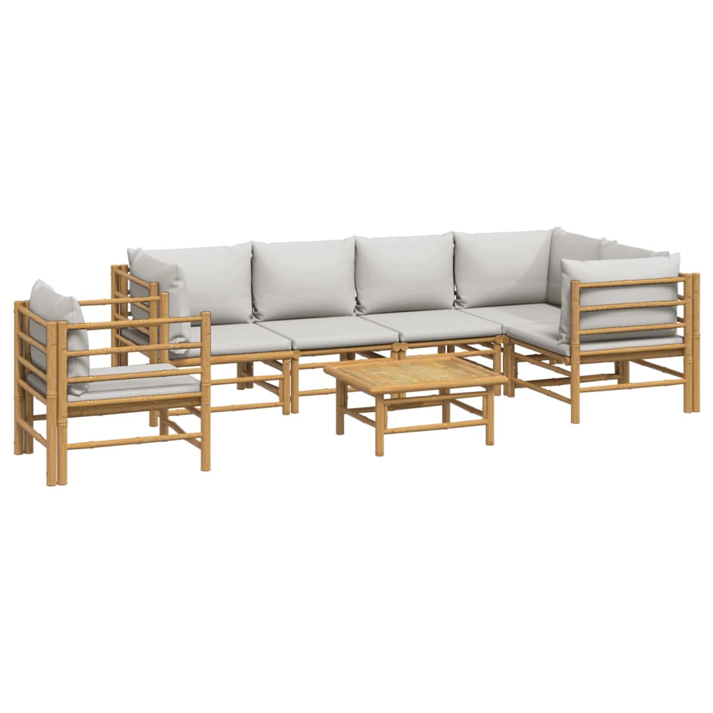 Vidaxl 7-Cz. Garden Furniture Set, Light Grey Cushions, Bamboo