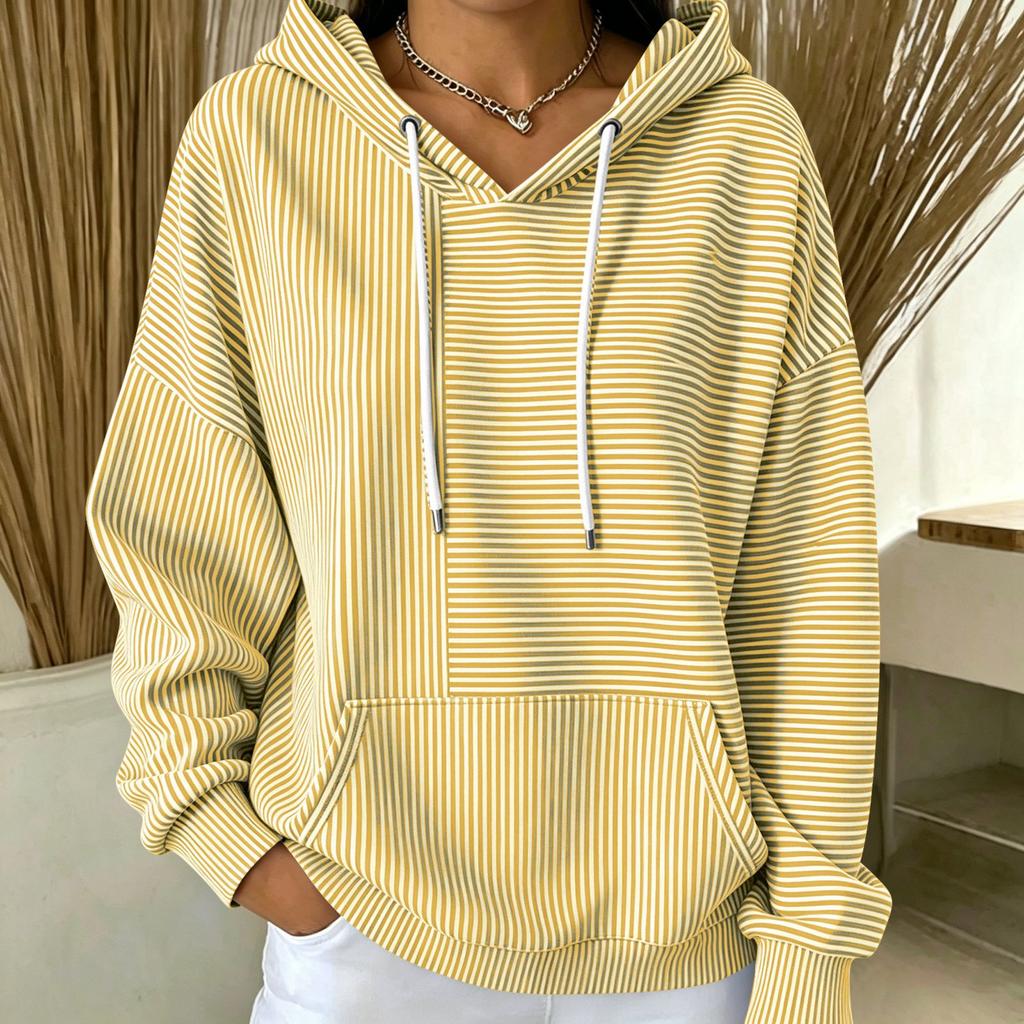 Women's Loose Fit Hooded Striped Long Sleeve Pullover with Pockets