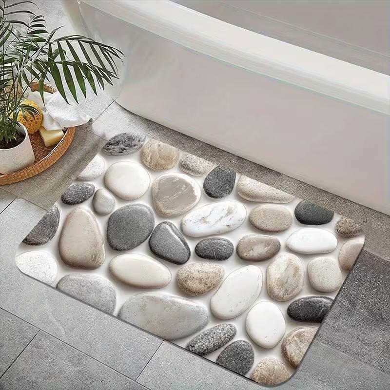 Realistischer Kopfsteinpflaster-Druck Rutschfeste Fußmatte Natur-inspirierte Flussstein-Design-Teppich Zen-Spa Heimdekoration Teppich für Eingangsbereich
