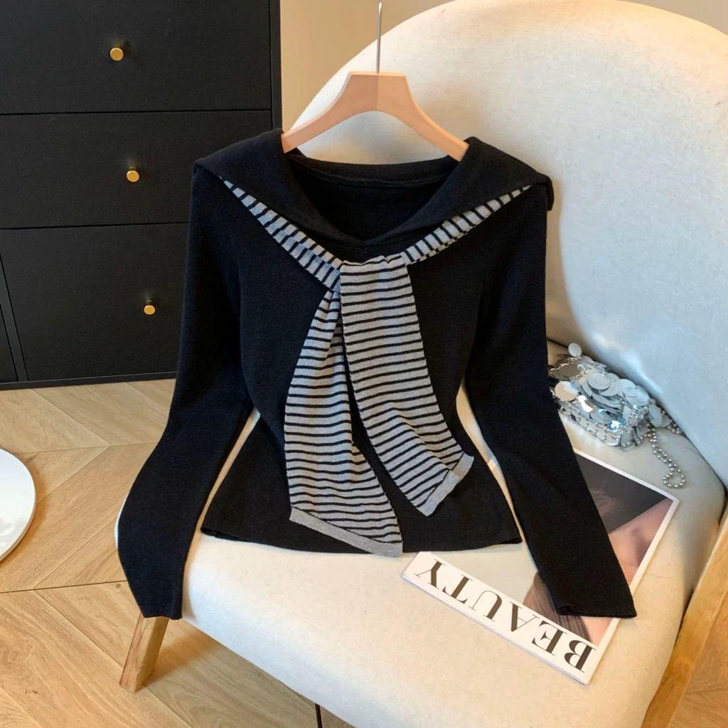 Women's Plus Size Velvet Striped Shawl Long Sleeve Top - Autumn/Winter 2025 Slimming Belly Coverage
