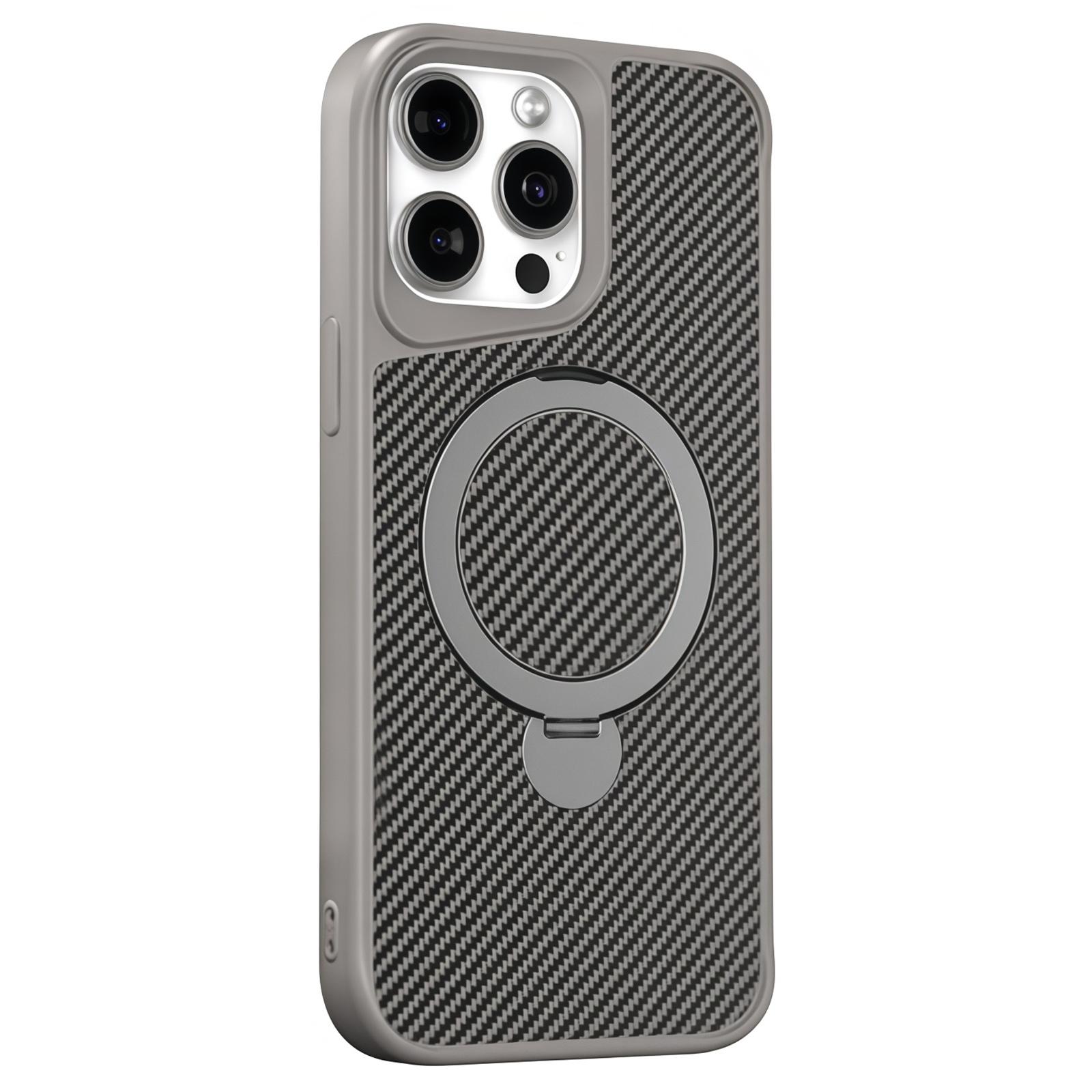 

For iPhone 15 Pro Phone Case with Magnetic Kickstand TPU+PC Carbon Fiber Back Cover Grey