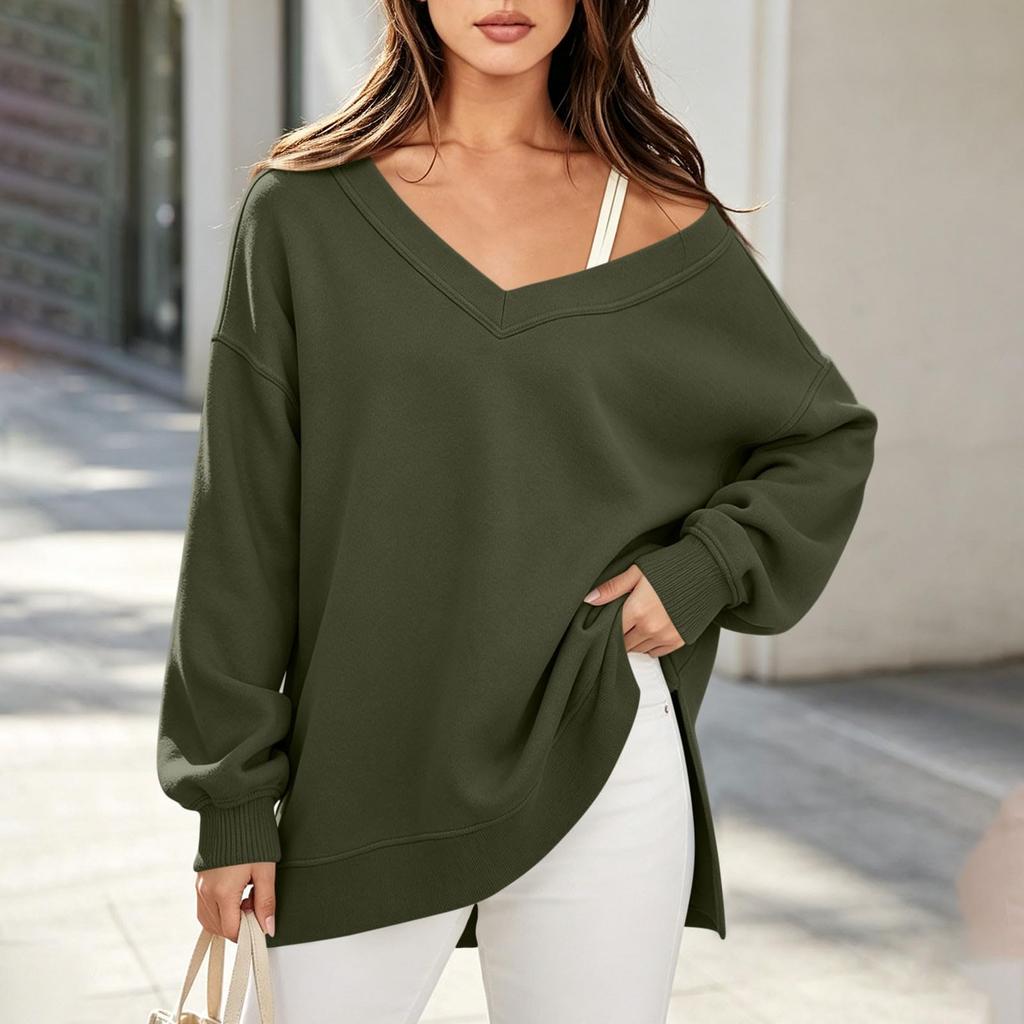 Damen Casual V-Ausschnitt Langarm Farbiger Lockerer Schnitt Sweatshirt mit Seitenschlitz