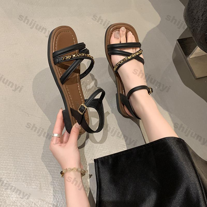 Women Shoes 2026 Summer New Fashion Comfort Non Slip Metal Decoration Buckle Strap Sandals Lightweight Soft Bottom Beach Shoes